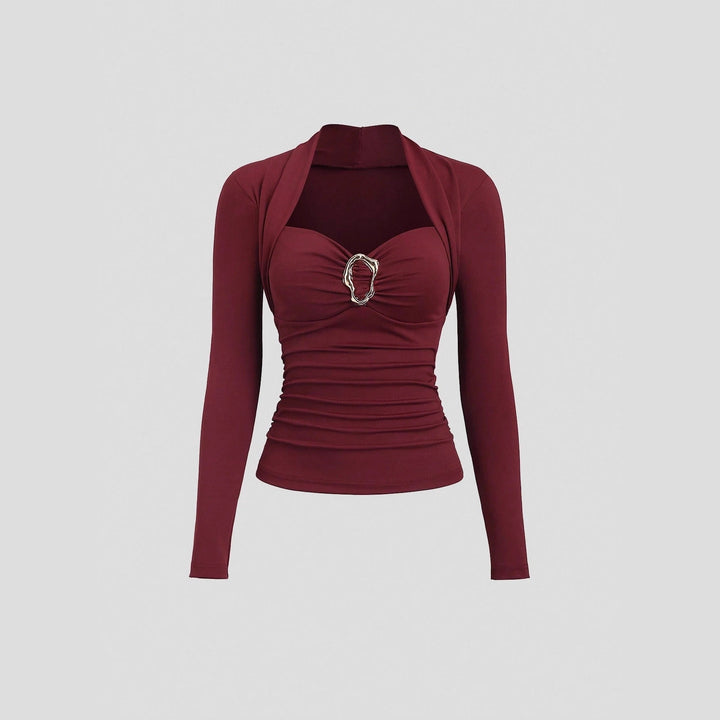 Damen nan figurbetontes Raffung-Top mit herzförmigem Dekolleté, Bustier-Optik und goldener Schmuckklemme Drune