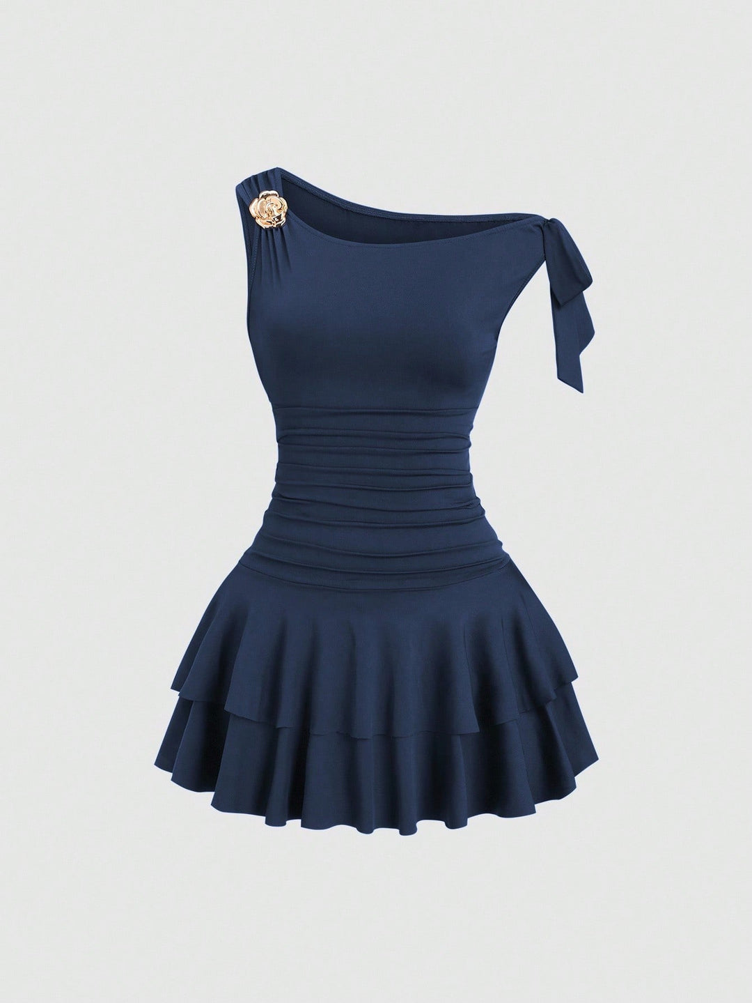 Damen elegantes Wickelkleid mit asymmetrischem Saum und raffiniertem Kordelzug Drune