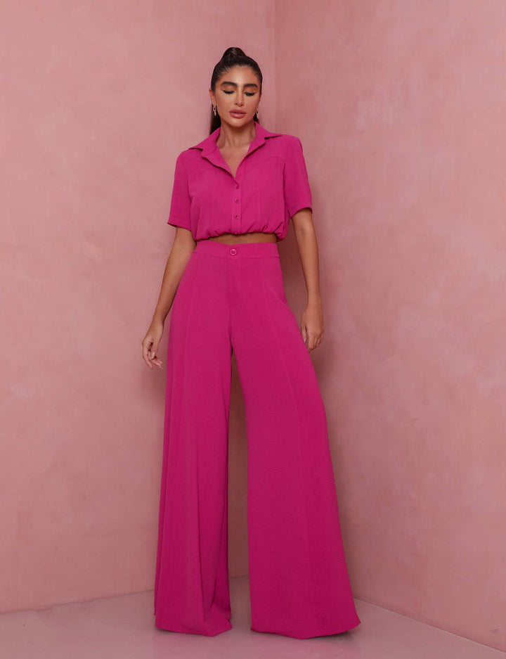 Damen Elegantes Kurzarm-Blusen und Palazzo-Hosen-Ensemble Drune