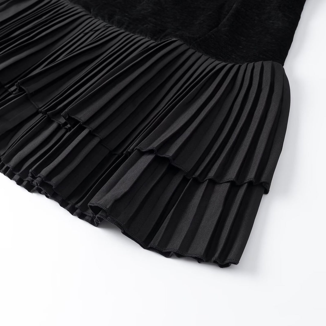 Damen Samt-Midikleid mit kurzen Ärmeln und gestuftem Plisseerock Drune