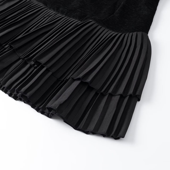 Damen Samt-Midikleid mit kurzen Ärmeln und gestuftem Plisseerock Drune
