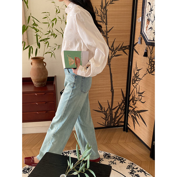 Damen Bluse mit floralen Stickereien und raffinierten Knopfdetails Drune