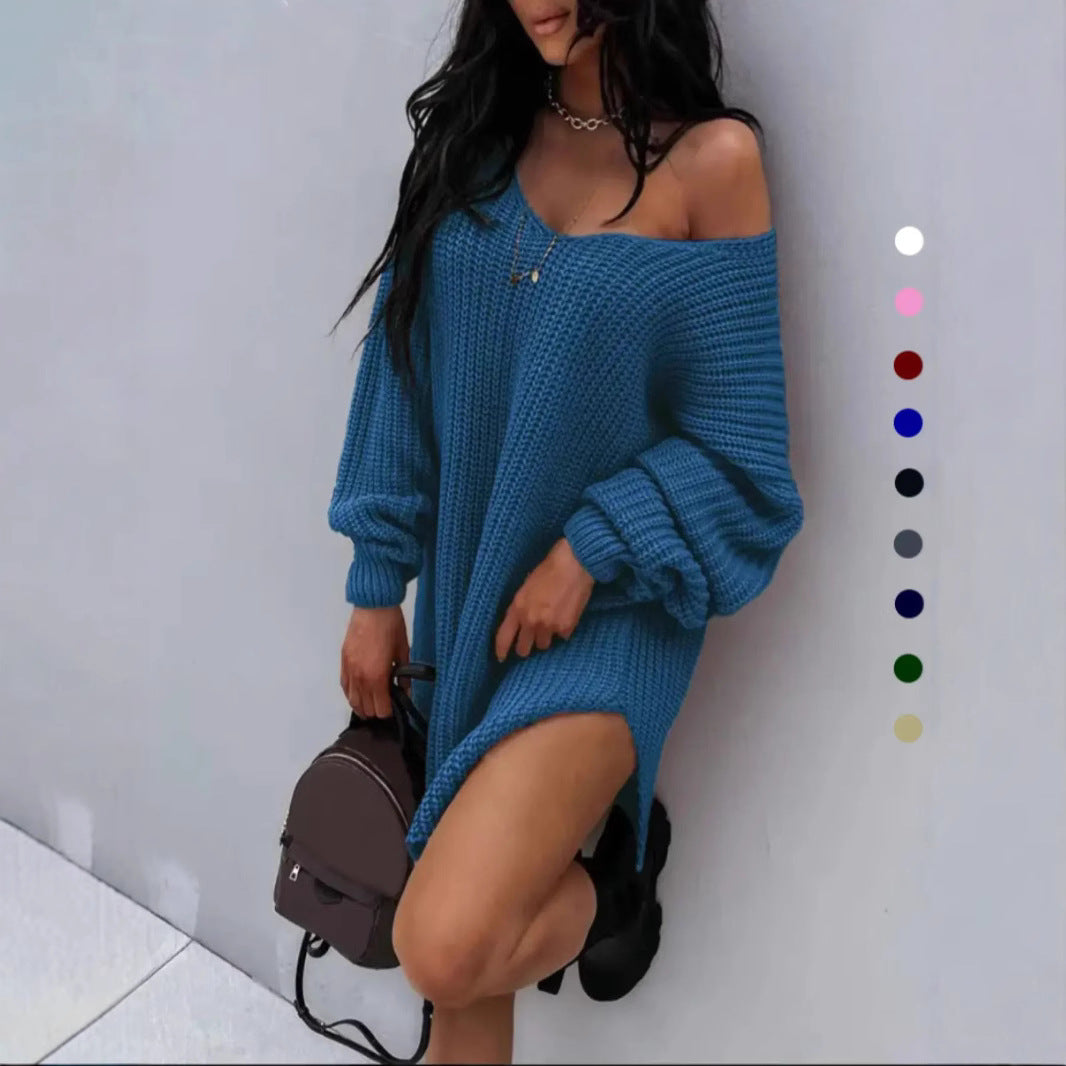 Damen Oversize Strickkleid mit weitem Rundhalsausschnitt und lässiger Passform Drune