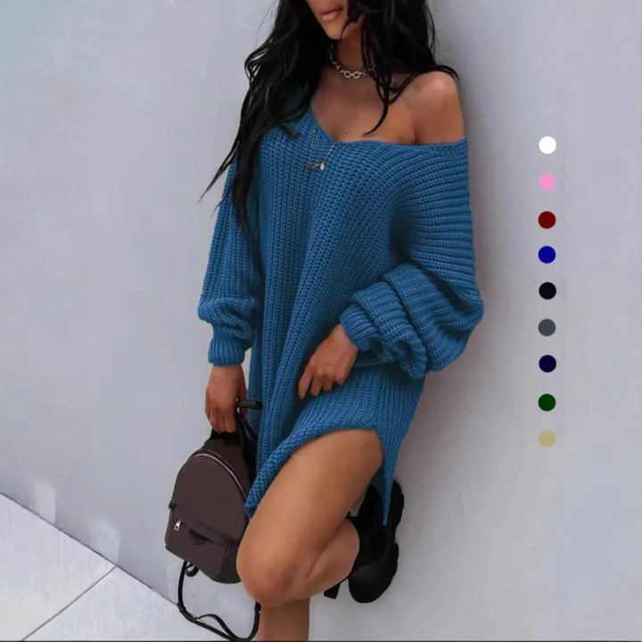 Damen Oversize Strickkleid mit weitem Rundhalsausschnitt und lässiger Passform Drune