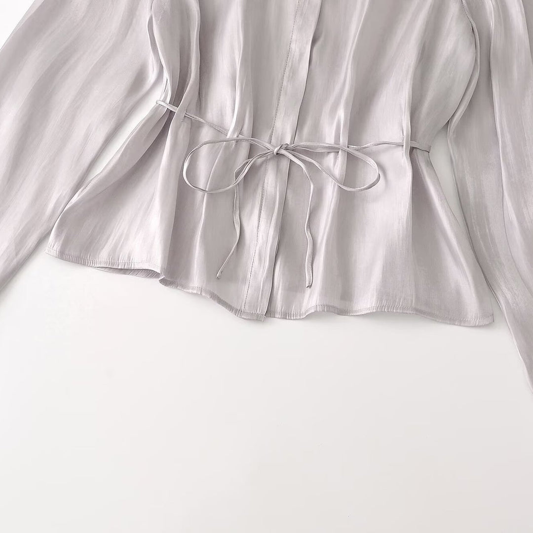 Damen Seidenmatt taillierte Hemdbluse mit Kordelzug und verdeckter Knopfleiste Drune