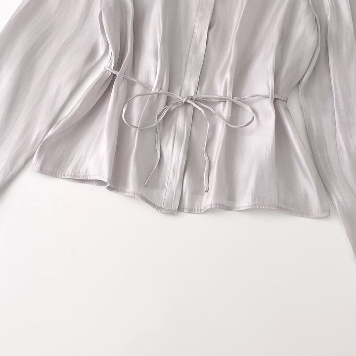 Damen Seidenmatt taillierte Hemdbluse mit Kordelzug und verdeckter Knopfleiste Drune