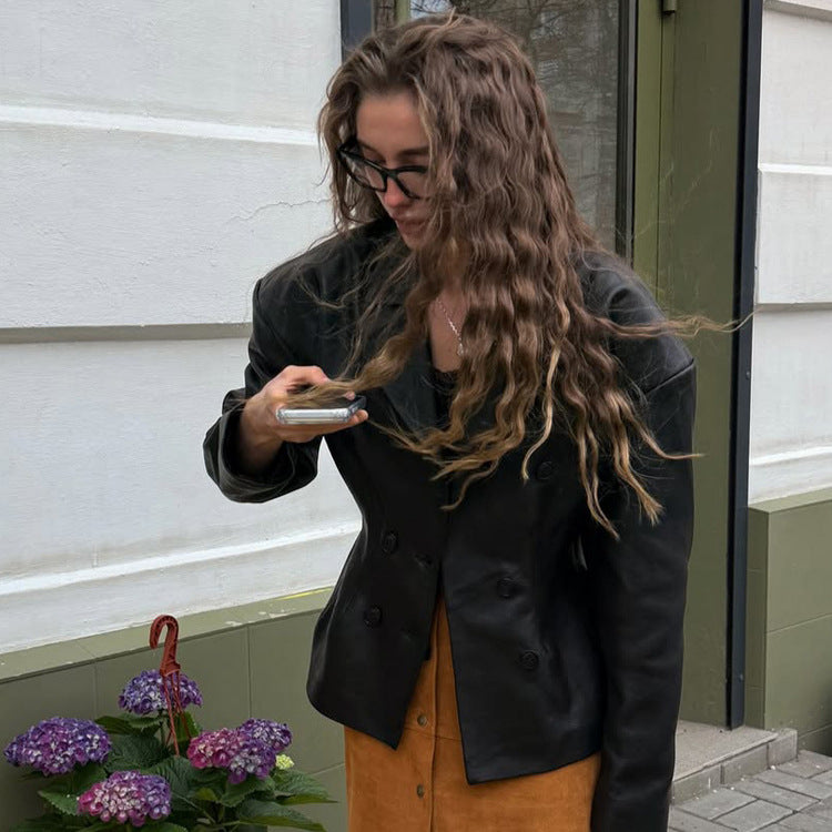 Damen Modischer Blazer-Bomber aus veganem Lederimitat mit doppeltreihiger Front Drune