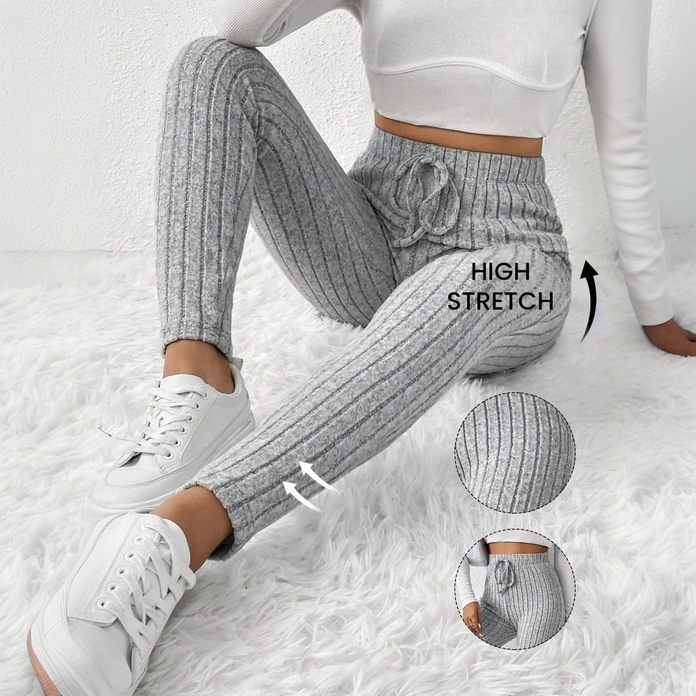 Damen gerippte Highwaist-Stricklegging mit Tunnelzug, elastischer Bund und figurbetonter Skinny-Passform Drune