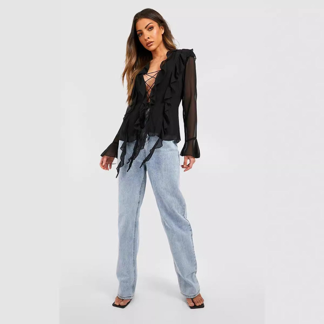 Damen Rüschenshirt mit eleganten Schnürdetails und transparenten Ärmeln Drune