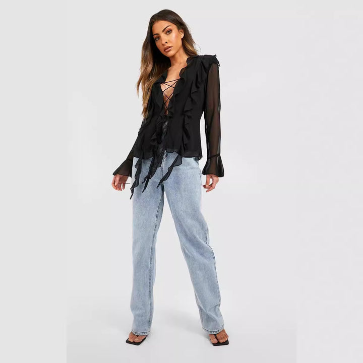 Damen Rüschenshirt mit eleganten Schnürdetails und transparenten Ärmeln Drune