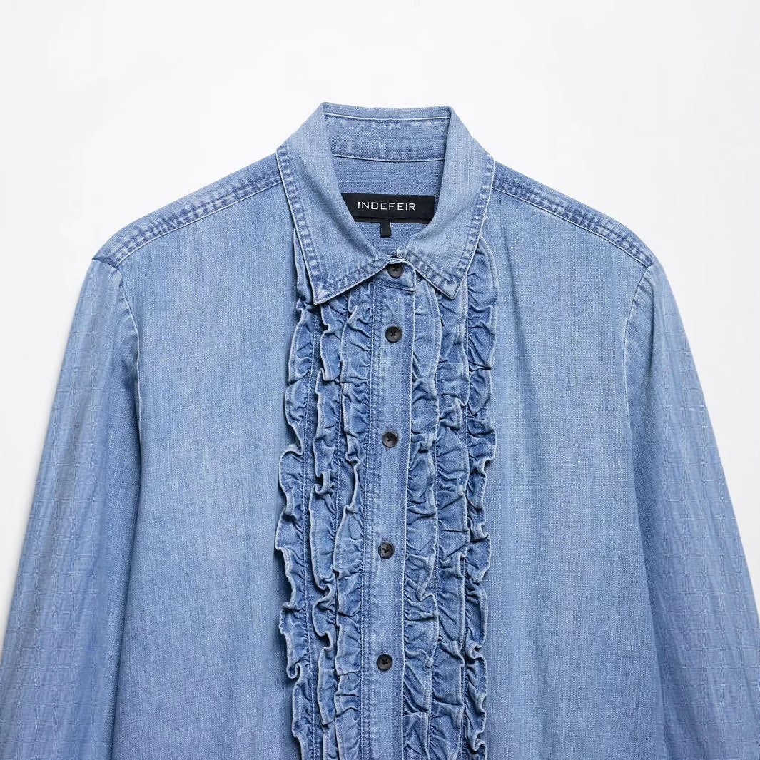 Damen nan Chambray-Bluse mit Rüschenknopfleiste, Hemdkragen und verlängertem Saum Drune