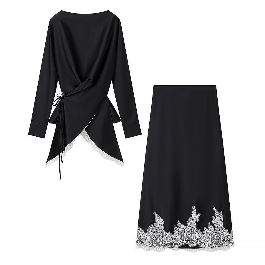 Damen nan Wickelblusen‑ und Midirock‑Set mit Spitzenbesatz Drune