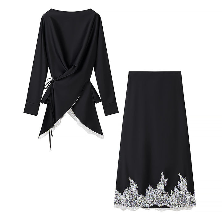 Damen nan Wickelblusen‑ und Midirock‑Set mit Spitzenbesatz Drune
