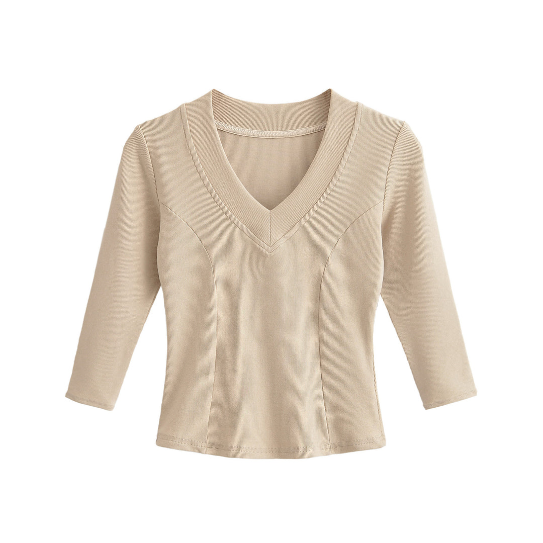 Damen Geripptes Langarmshirt mit V-Ausschnitt und taillierter Schnittführung Drune