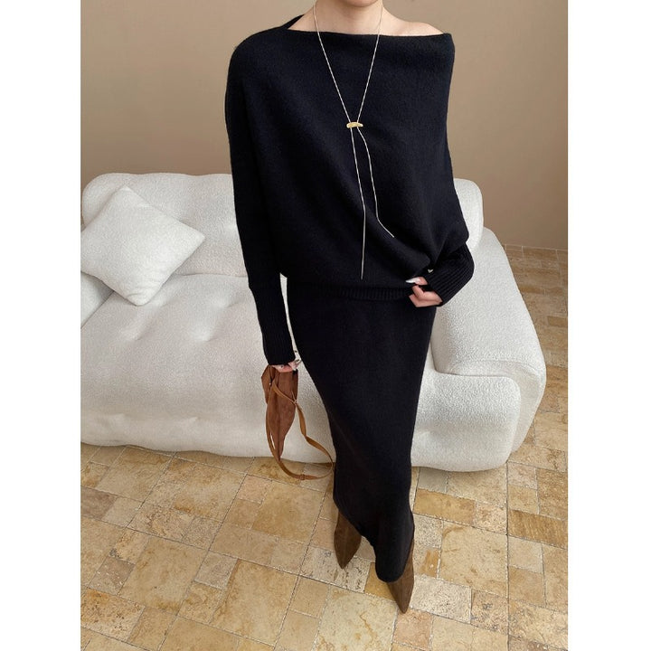 Damen elegantes Strick-Maxikleid mit asymmetrischem Schnitt und lässigem Oberteil Drune