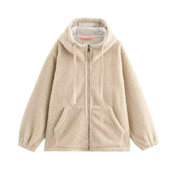 Damen Teddy-Fleece-Kapuzenjacke mit durchgehendem Reißverschluss und Kängurutaschen Drune