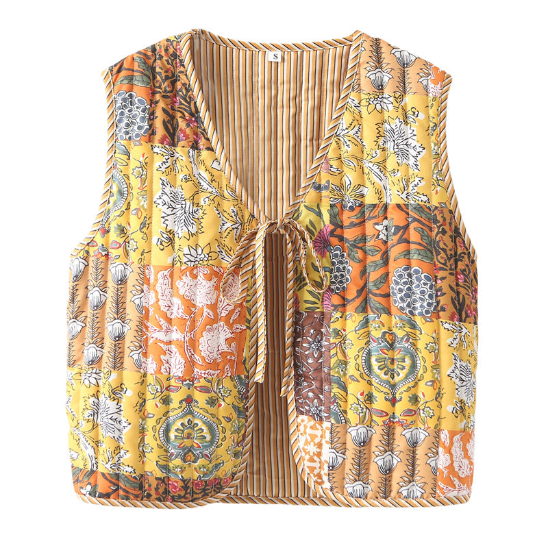 Damen nan gequiltete Patchwork-Weste mit Bindeband und V-Ausschnitt Drune