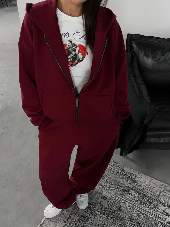 Damen lässiges Zip-Lounge-Set mit übergroßer Kapuzenjacke und taillierter Relax-Jogginghose Drune