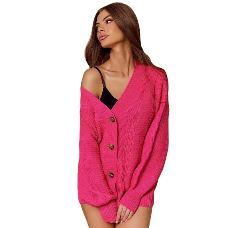Damen Strickjacke mit tiefem V-Ausschnitt und großen Knöpfen Drune