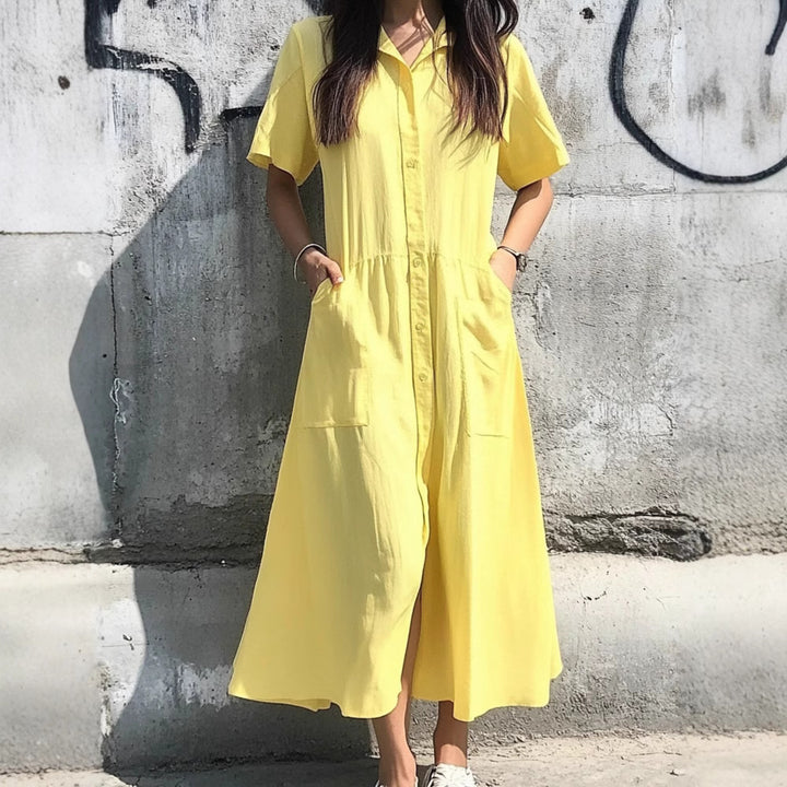 Damen Midi-Kleid mit Knopfleiste und praktischen Taschen Drune