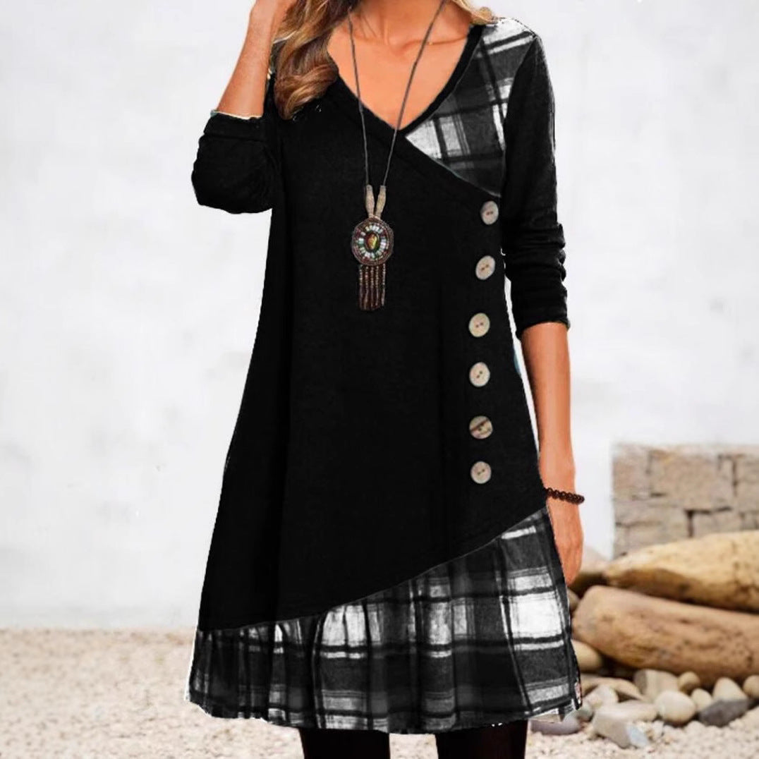 Damen nan asymmetrisches V-Ausschnitt-Tunika-Kleid mit Zierknopfleiste und Animalprint-Besatz Drune