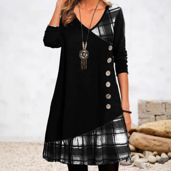 Damen nan asymmetrisches V-Ausschnitt-Tunika-Kleid mit Zierknopfleiste und Animalprint-Besatz Drune