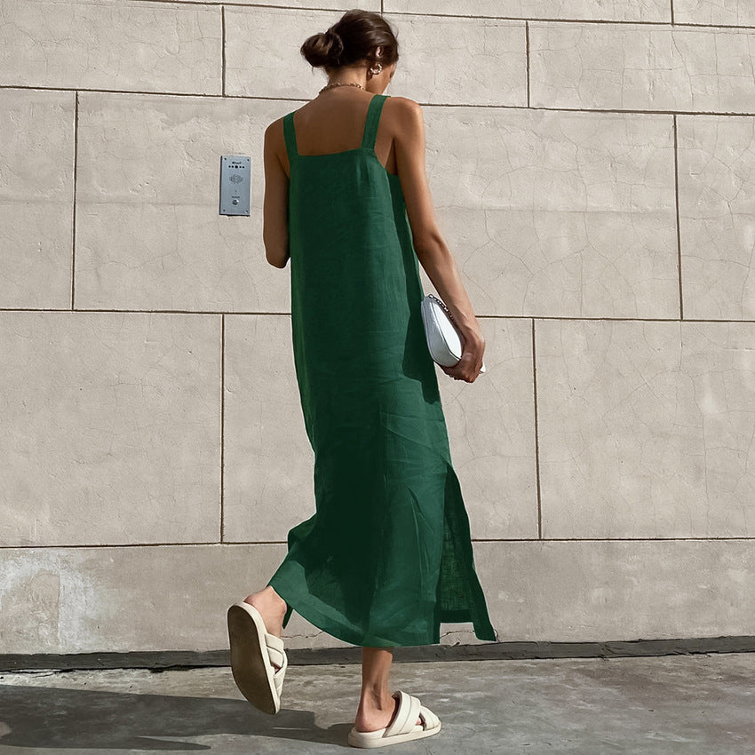 Damen Maxikleid aus hochwertigem Leinenstoff mit breiten Trägern und seitlichen Schlitzen Drune