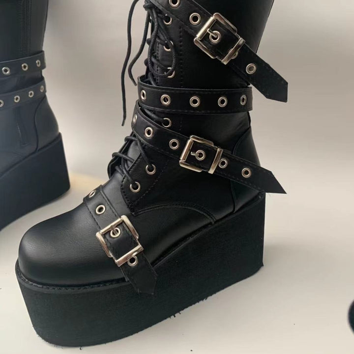 Damen plateau Combatstiefel mit Schnallen Ösen Schnürung und seitlichem Reißverschluss Drune