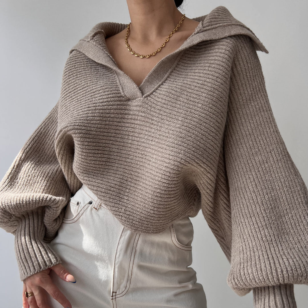 Damen Grobstrick Cropped-Pullover mit weitem Matrosenkragen und Oversize-Ärmeln Drune