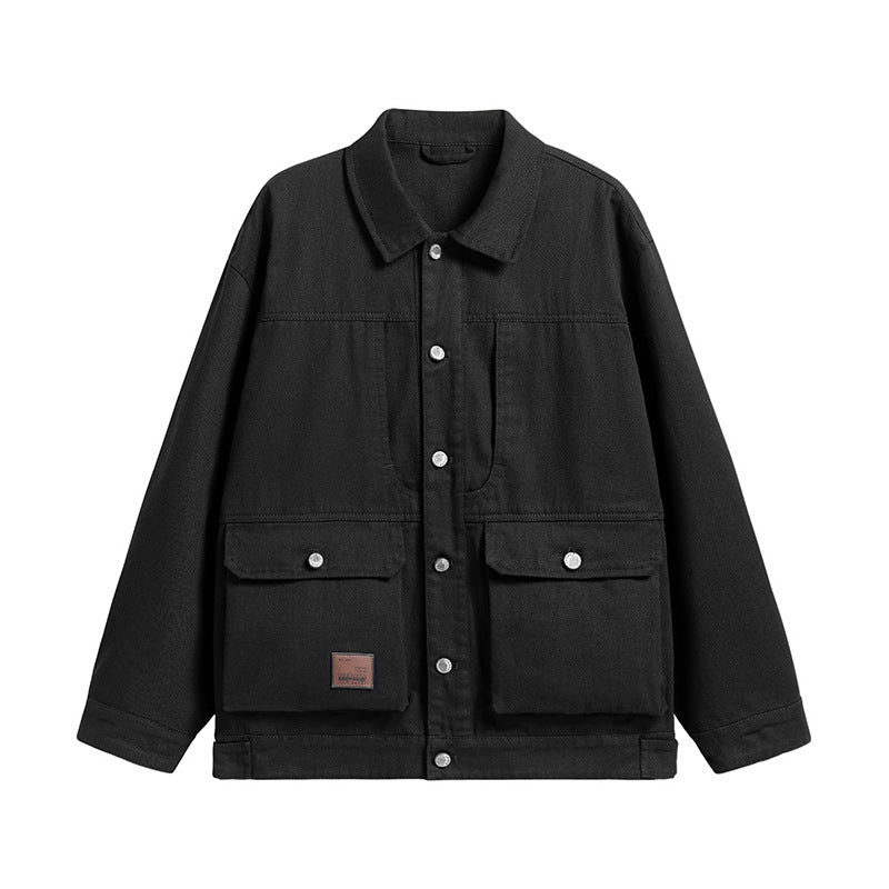 Herren Oversize Canvas-Utility-Jacke mit aufgesetzten Multifunktions-Taschen und Druckknopfleiste Drune
