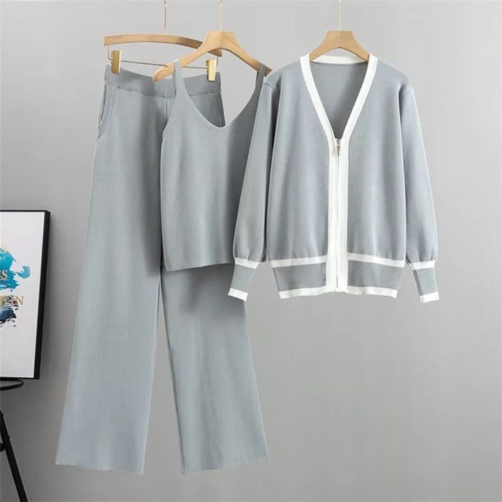 Damen lässiges Strick-Loungewear-Set mit hochwertigem Zip-Cardigan und Weitbein-Hosen Drune