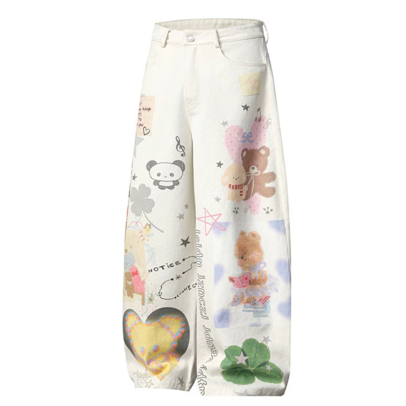 Damen Weite High‑Waist Culotte-Jeans mit verspieltem Allover-Mixed-Print und elastischem Saum Drune