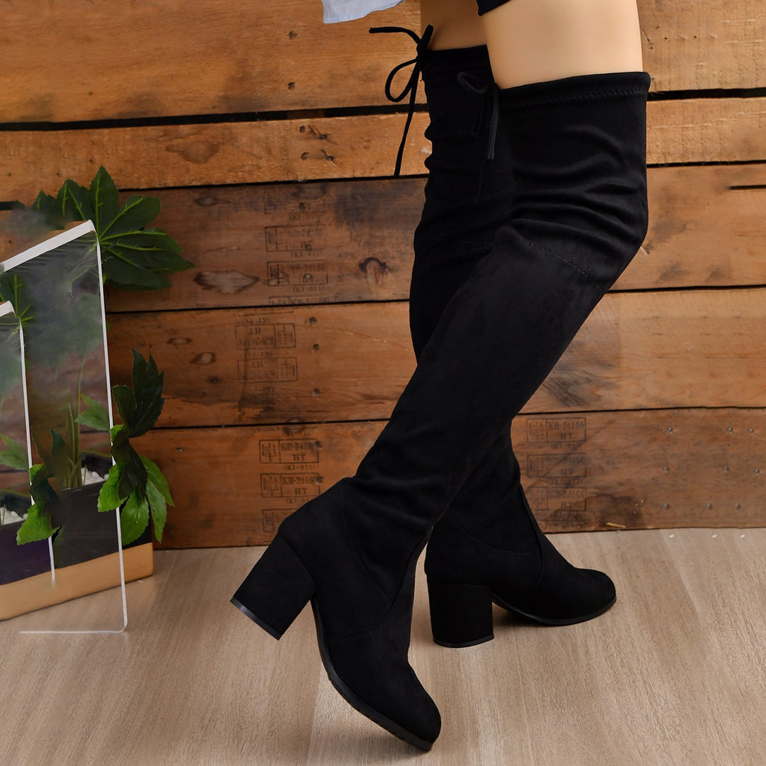 Damen Stretch Overknee Stiefel mit elastischem Schaft und mittlerem Blockabsatz Drune