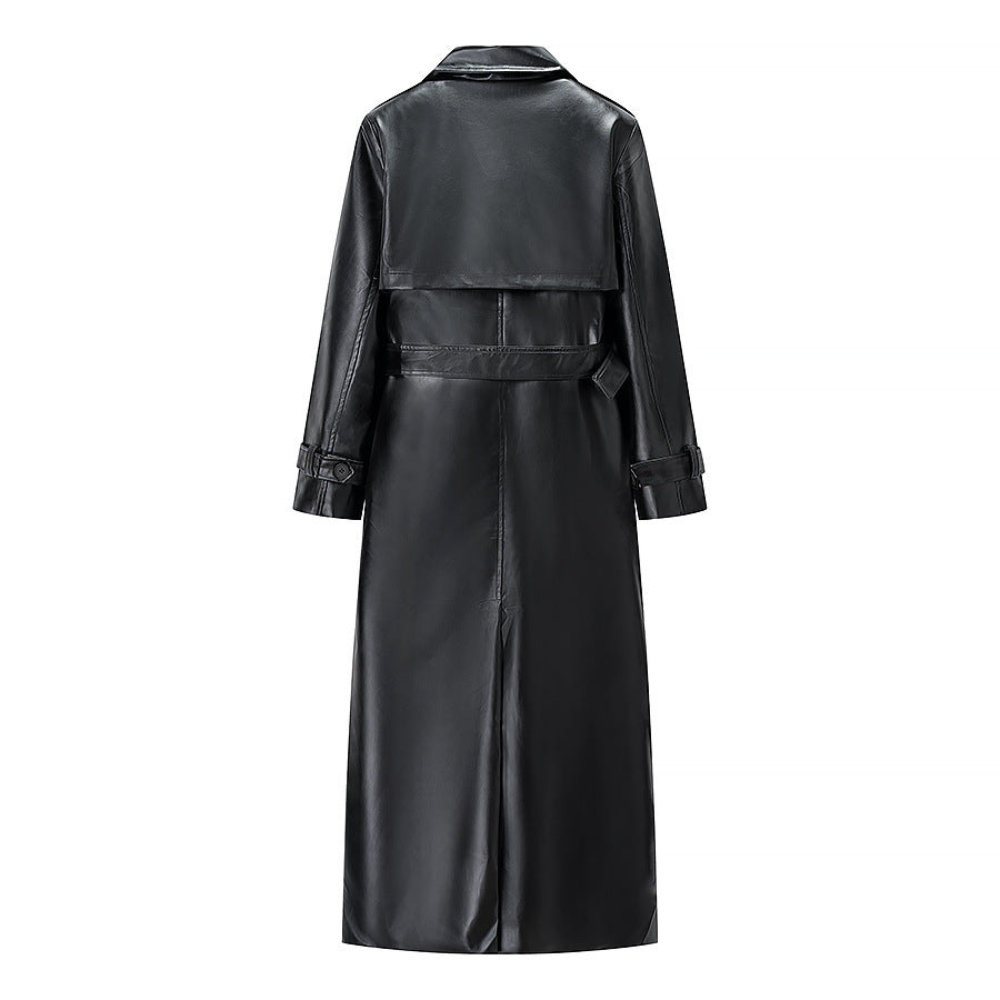 Damen Langer Kunstleder-Trenchcoat mit Taillengürtel und Epauletten Drune