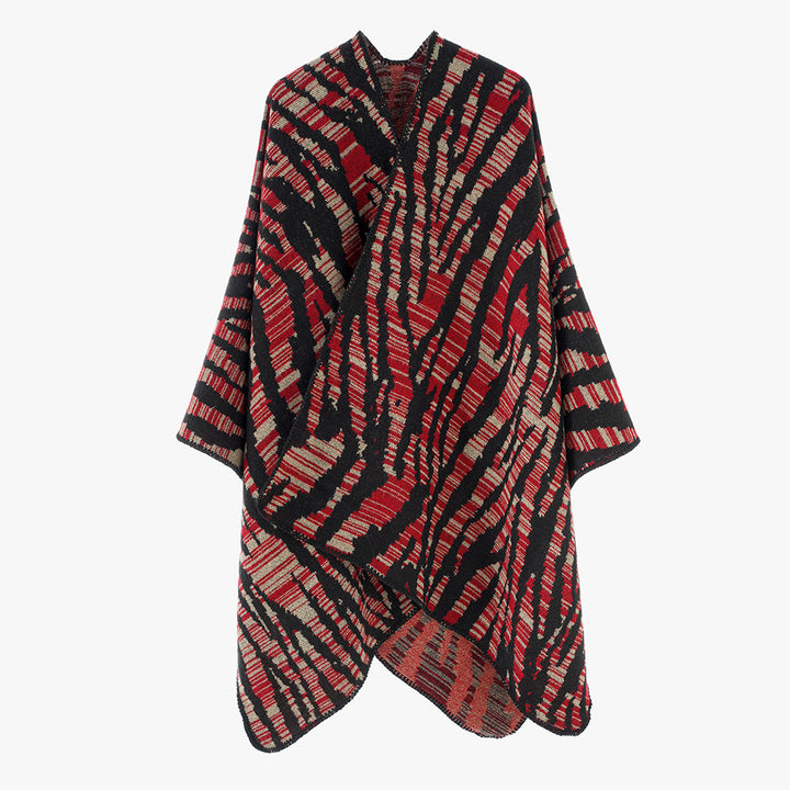 Damen Grobstrick‑Poncho im Cape‑Schnitt mit Zebra‑Jacquard und offener Kimonoärmelung Drune