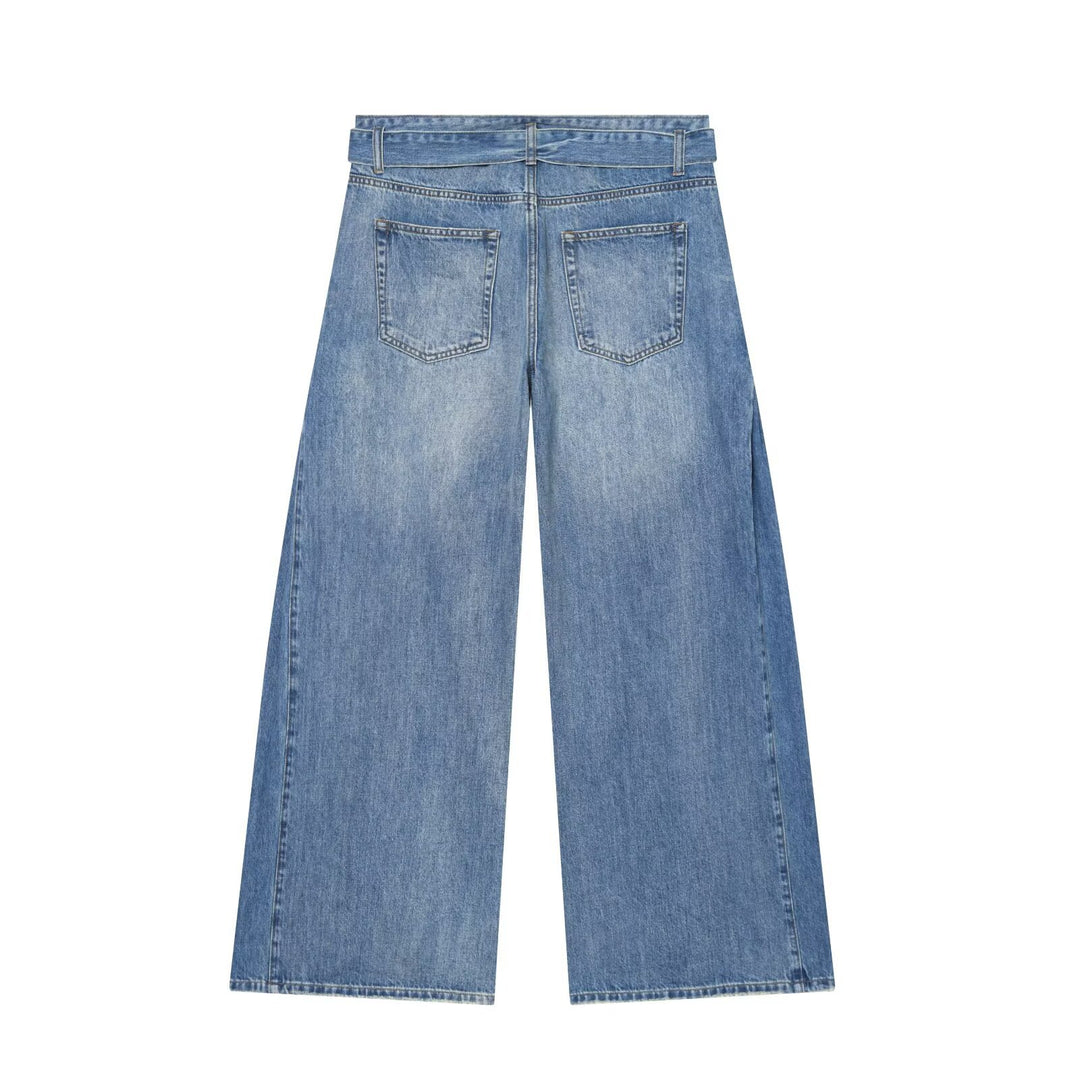 Damen Weite High‑Waist Jeans mit Ziergürtel und seitlichen Einsatzbahnen Drune