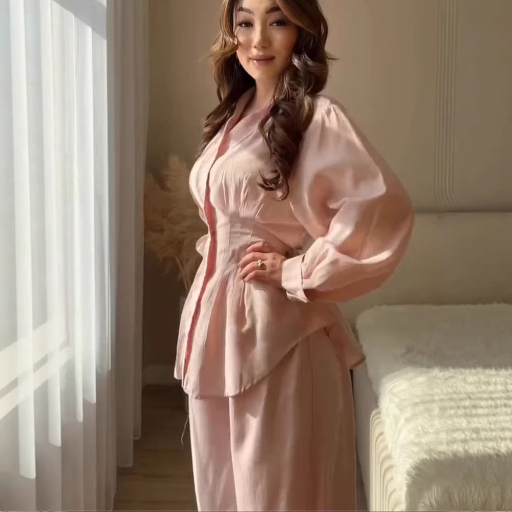 Damen Elegantes zweiteiliges Satin-Loungewear-Set mit taillierter Bluse und weitem Hosenbein Drune