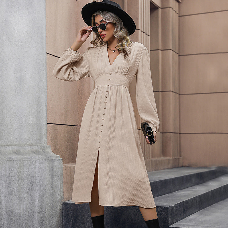Damen Midi-Kleid mit Knopfdetails und V-Ausschnitt Drune