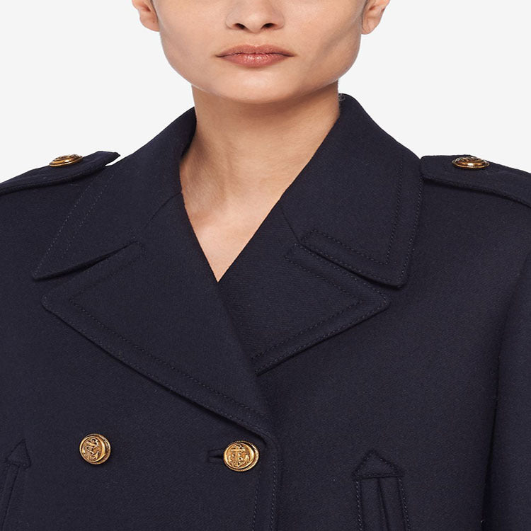 Damen Doppelreihiger militärinspirierter Maxi‑Wollmantel mit Epauletten und Zierriegeln Drune