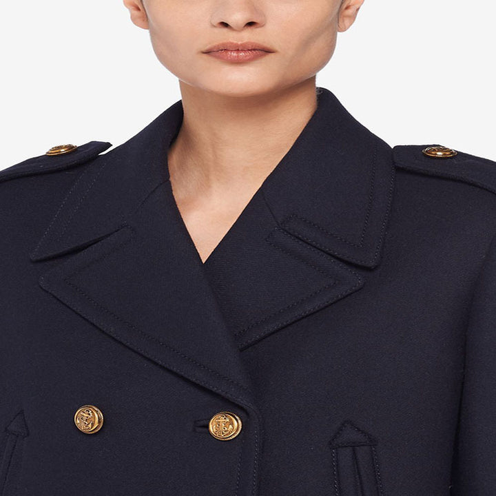 Damen Doppelreihiger militärinspirierter Maxi‑Wollmantel mit Epauletten und Zierriegeln Drune