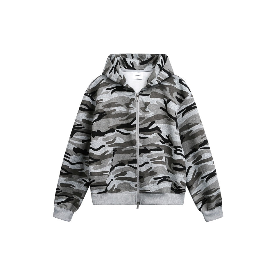 Unisex Oversize-Kapuzenjacke mit durchgehendem Reißverschluss und Camouflage-Print Drune