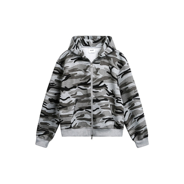 Unisex Oversize-Kapuzenjacke mit durchgehendem Reißverschluss und Camouflage-Print Drune