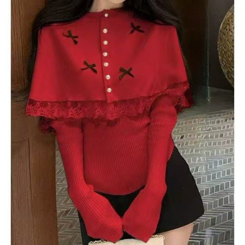 Damen Elegante Strickbluse mit Spitzenbesatz und dekorativen Knöpfen Drune
