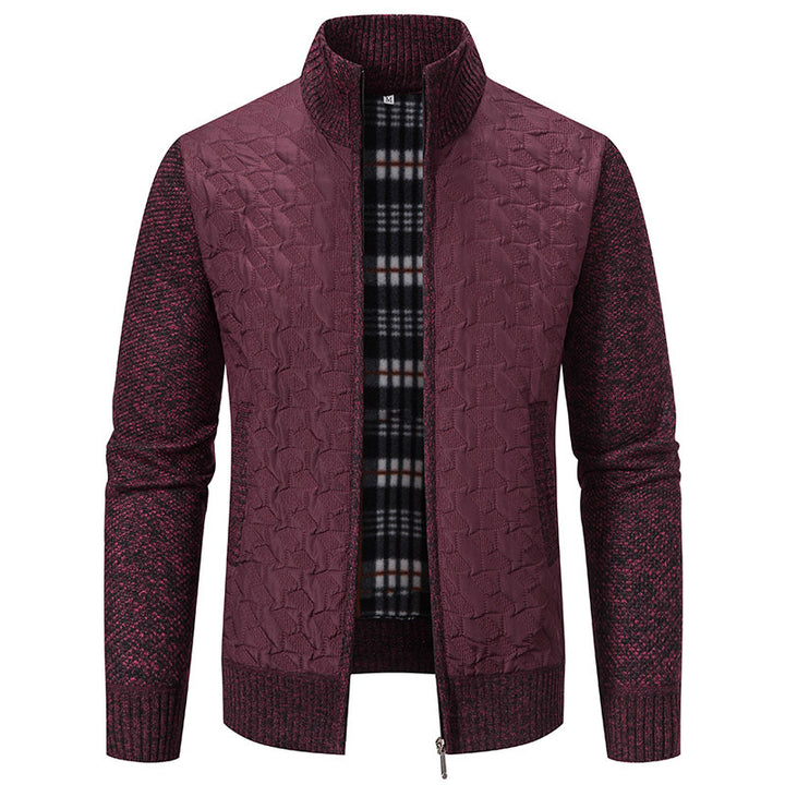 Herren gesteppte Strick‑Hybridjacke mit Stehkragen, durchgehendem Reißverschluss und kariertem Futter Drune
