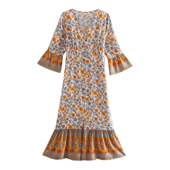 Damen Boho-Maxikleid mit V-Ausschnitt, taillierten Abnähern und Volantärmeln Drune