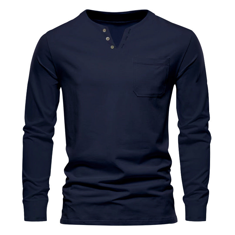 Herren nan modernes Henley-Langarmshirt mit asymmetrischer Knopfleiste und Brusttasche Drune
