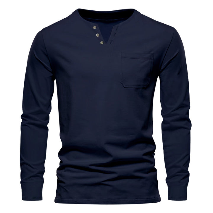 Herren nan modernes Henley-Langarmshirt mit asymmetrischer Knopfleiste und Brusttasche Drune