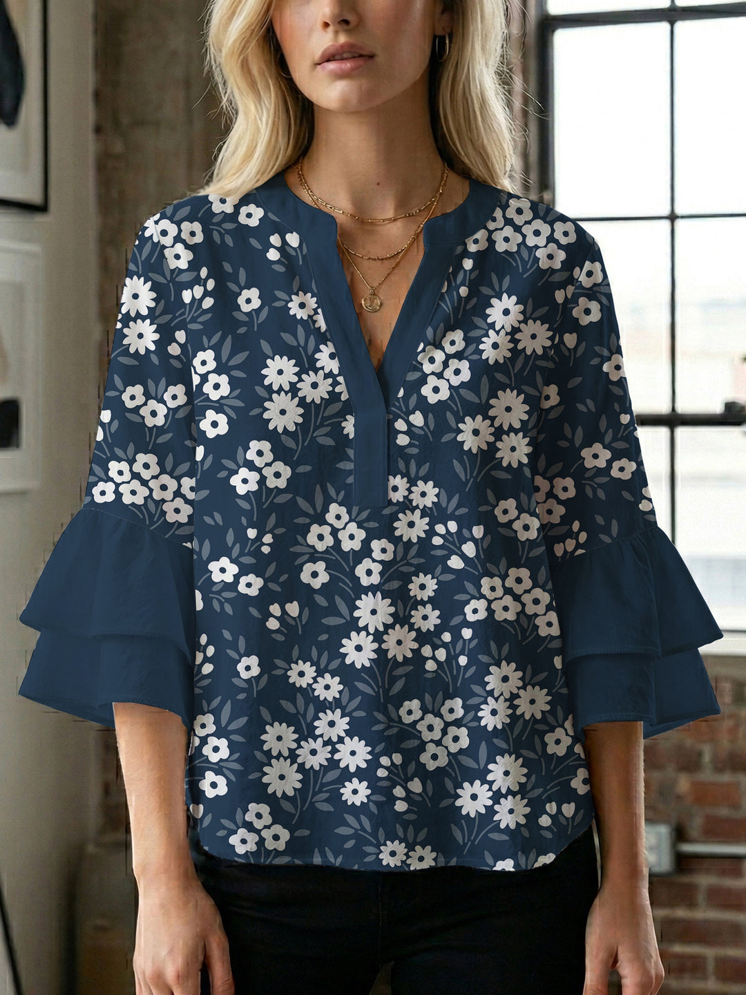 Damen Bluse mit voluminösen Ärmeln und floralem Design Drune
