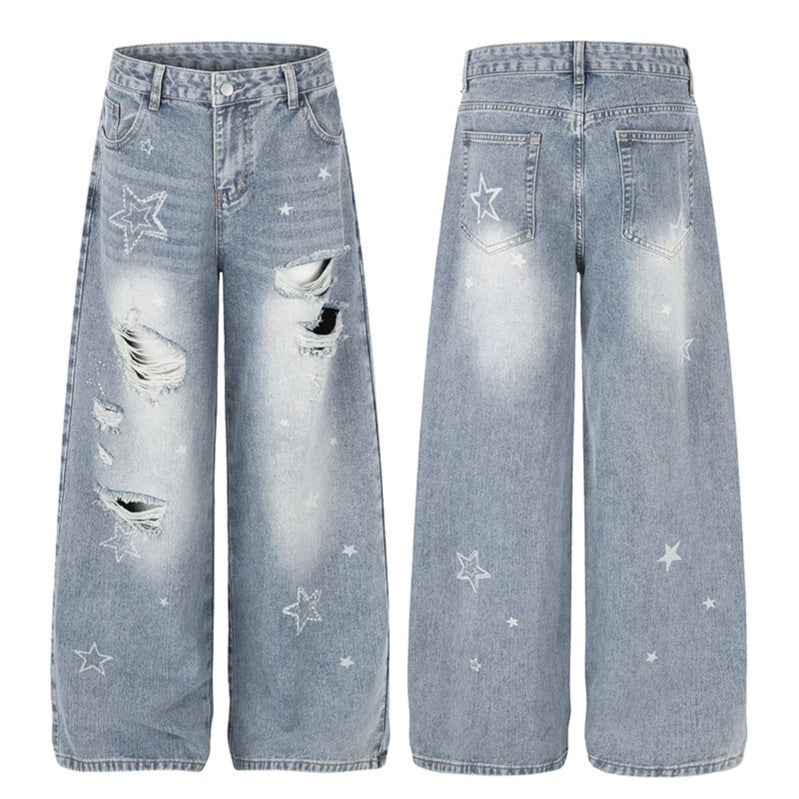 Damen Weite Distressed Palazzo-Jeans mit Stern-Stickerei Drune