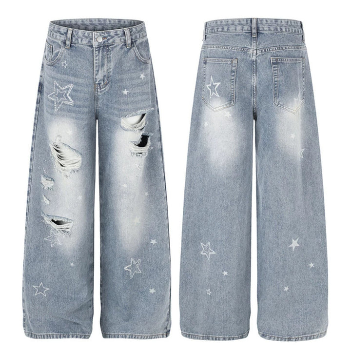 Damen Weite Distressed Palazzo-Jeans mit Stern-Stickerei Drune